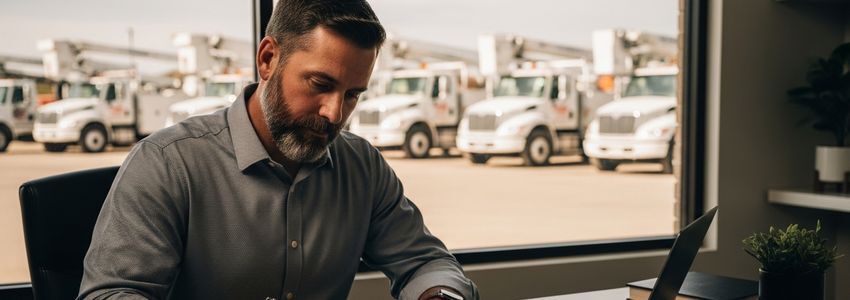Business owner reviewing boom truck financing options at desk with fleet vehicles visible in background