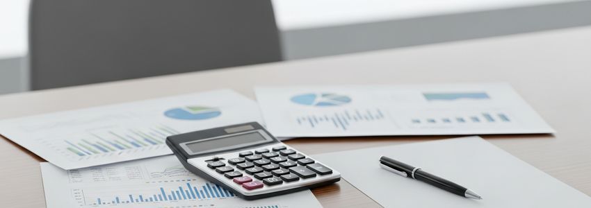 Business professional reviewing borrowing base certificate documentation and financial reports at an office desk