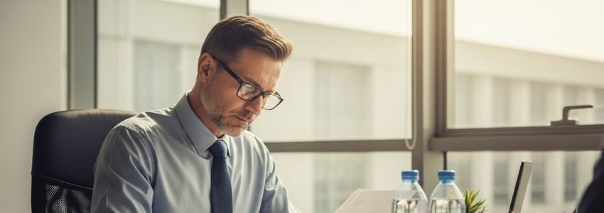 Bottled water company business owner reviewing financing documents in a modern production facility