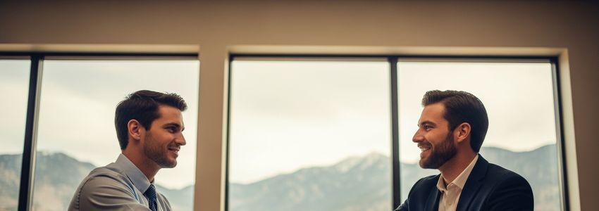 Boulder small business owners reviewing SBA loan documents with a financial advisor in a modern Colorado office with mountain views