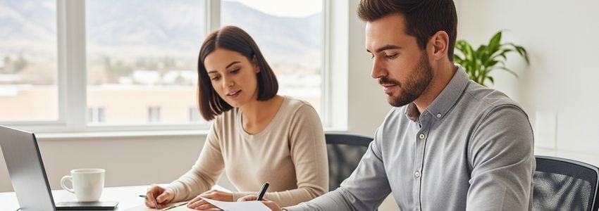 Business owner reviewing small business loan documents at a desk with Rocky Mountain views in Boulder, Colorado