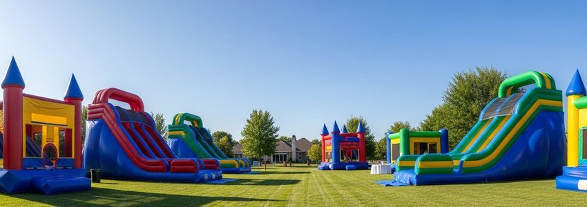 Professional bounce house rental business setup with colorful inflatables at a children's party event