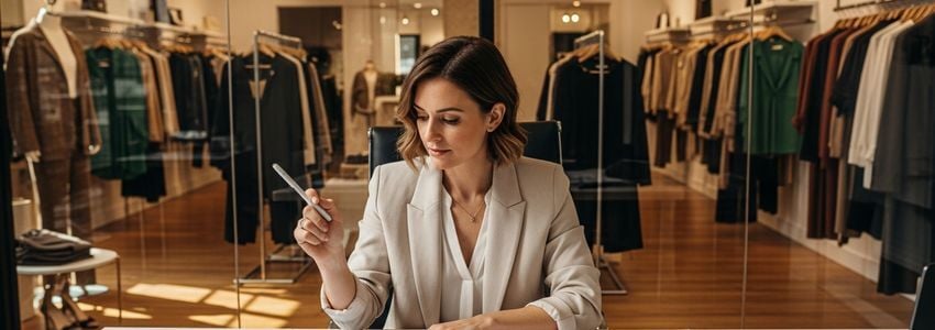 Boutique clothing store owner reviewing financing options and business loan documents at her store