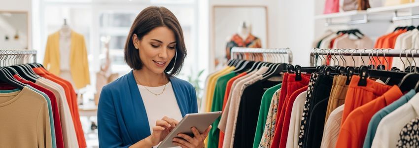 Boutique store owner managing inventory with tablet, boutique business loans