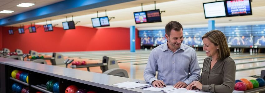 Bowling alley business owner reviewing financing options with a lending specialist