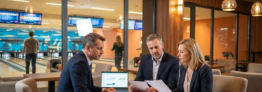 Bowling alley business owners reviewing financing options with a financial advisor inside a modern bowling center