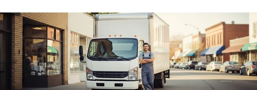 Business owner next to financed box truck at delivery depot