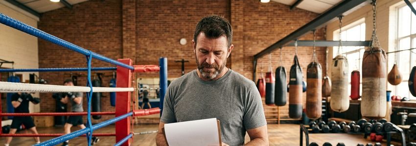Boxing gym owner reviewing equipment financing paperwork near a boxing ring