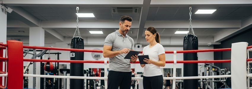 Boxing gym owner reviewing financing options at ringside with a coach inside a professional boxing gym
