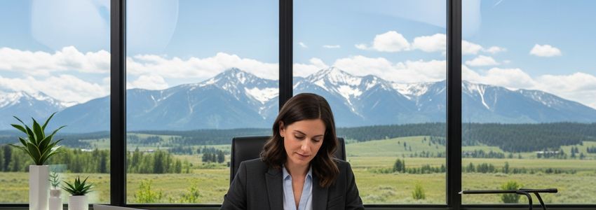 Montana small business owner reviewing financial documents at a modern office desk with mountain views