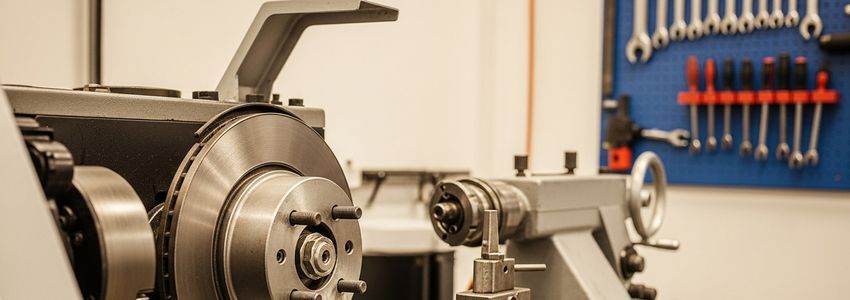 Professional brake lathe machine in an auto repair shop with brake rotor mounted, ready for resurfacing