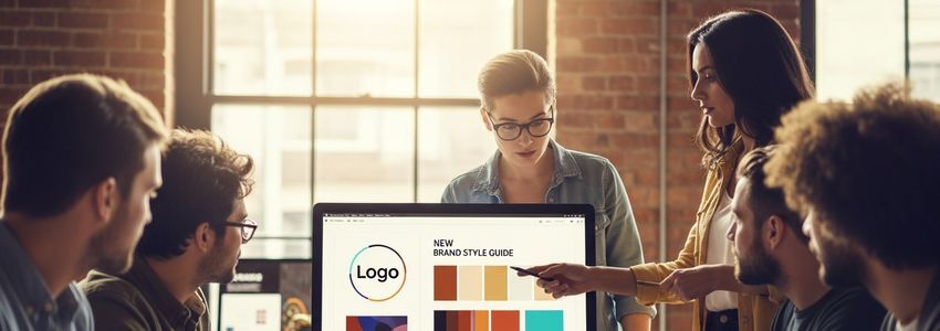 Small business marketing team reviewing brand style guide and logo concepts on a monitor in a creative office
