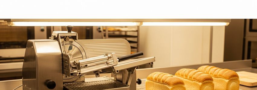 Commercial bread slicer equipment in a professional bakery production area
