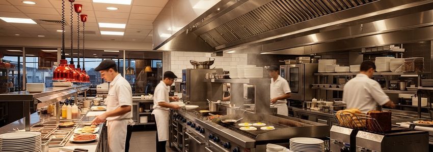 Breakfast franchise kitchen with morning service in progress
