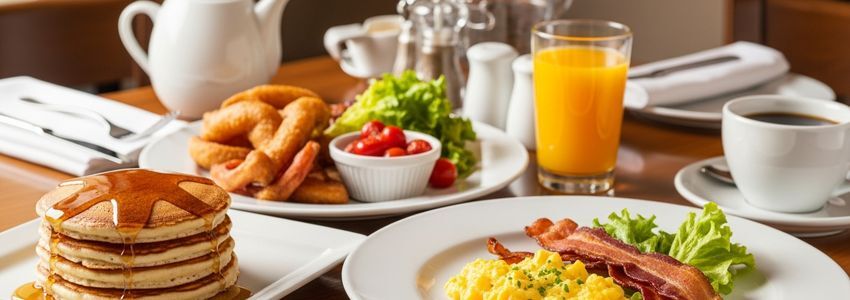 Fresh breakfast spread with pancakes, eggs, bacon, and orange juice on a restaurant table for breakfast restaurant owners seeking business financing