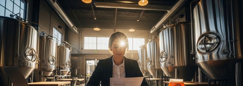 Brewery owner reviewing distillery loan documents in a craft brewery