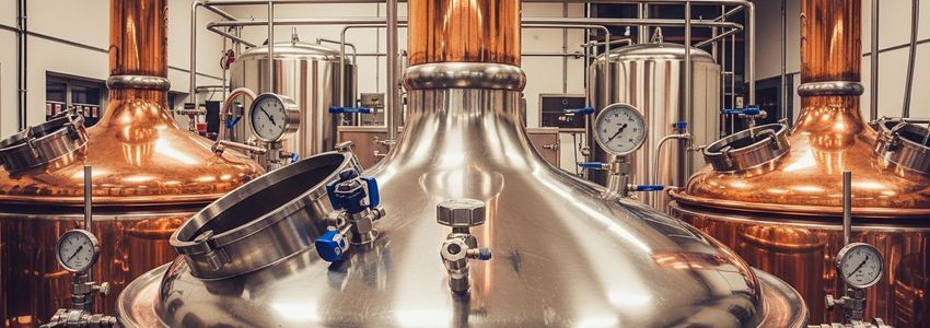 Stainless steel fermentation tanks and copper brewing kettles inside a professional craft brewery