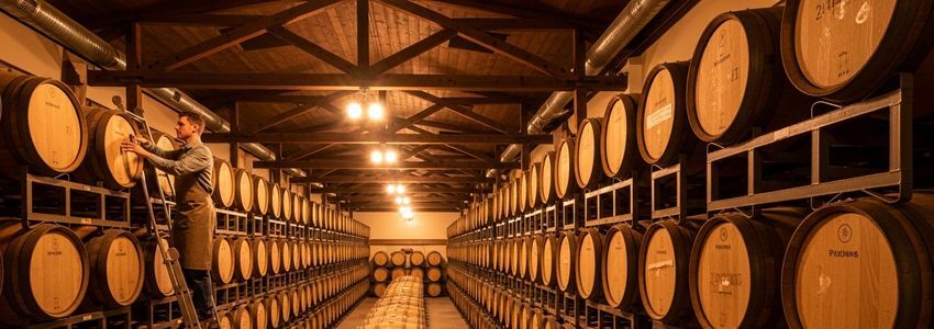 Craft distillery barrel aging room with rows of oak barrels stacked on racks