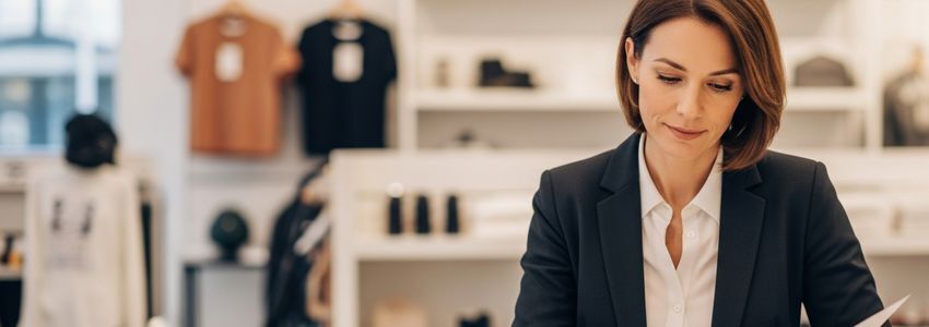 Small business owner reviewing loan documents in a brick-and-mortar retail store