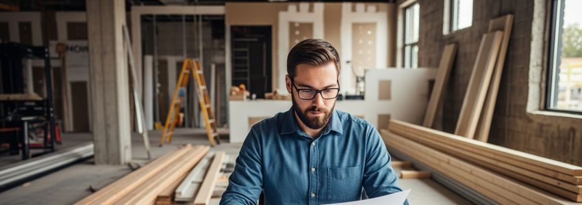 Business owner reviewing renovation plans inside a commercial space under construction for brick-and-mortar business loan financing