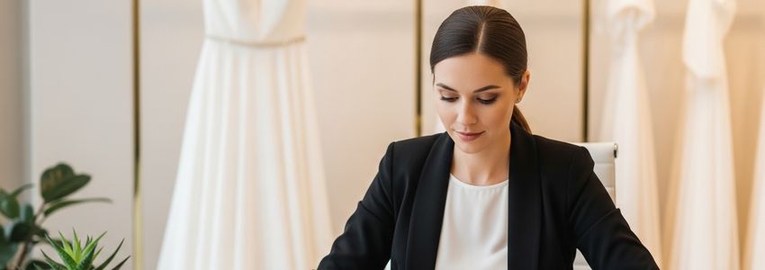 Bridal shop owner reviewing business loan financing options at her boutique desk