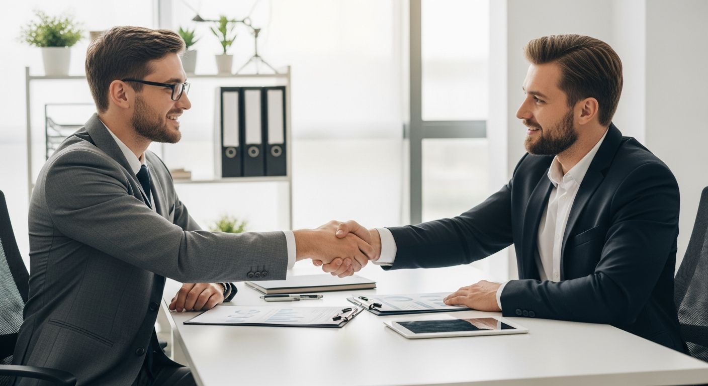 Small business owner signing commercial bridge loan agreement with a financial advisor