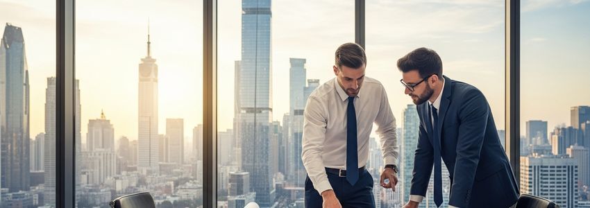 Business professionals reviewing bridge loan documents and commercial real estate plans in a modern office