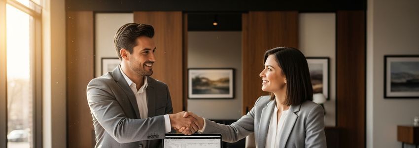 Real estate broker and client finalizing a bridge loan agreement in a professional office setting