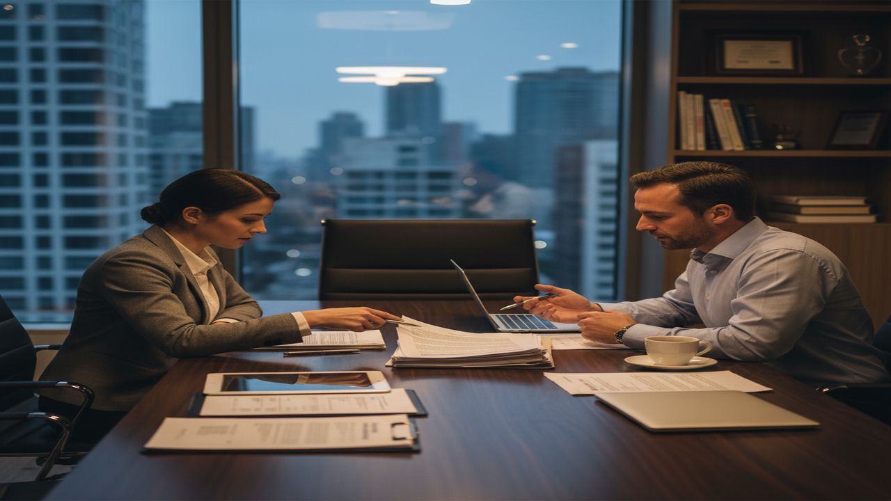 Small business owner and financial advisor reviewing bridge loan documents at a conference table
