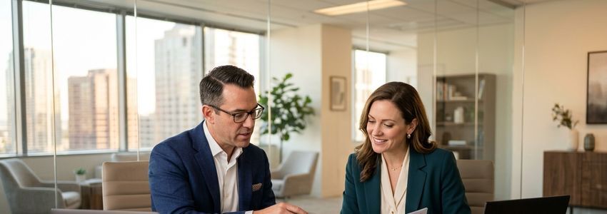 Business brokers reviewing financing documents in a professional office setting