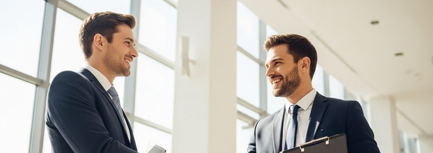 Professional business brokers discussing financing strategies at a modern office