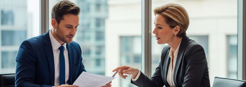 Business advisor discussing brokerage company loan options with a firm owner at a conference table