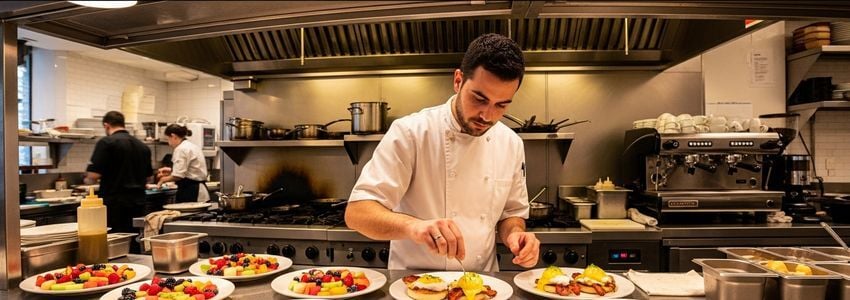 Brunch restaurant chef preparing brunch dishes in a commercial kitchen