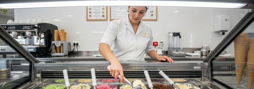 Ice cream shop employee scooping fresh premium ice cream from a commercial display case at a franchise dessert location