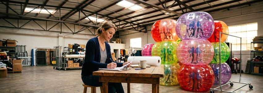Bubble soccer business owner reviewing equipment financing paperwork with inflatable bubbles and a trailer in a bright warehouse
