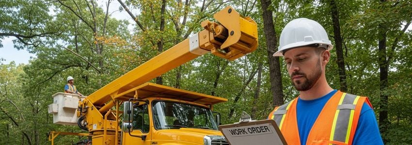 Tree service business owner standing next to a bucket truck reviewing a work order