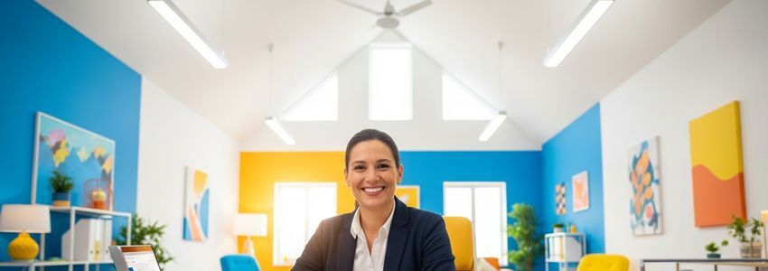 Budget Blinds franchise owner reviewing loan financing options at a bright office desk