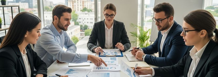 Small business team reviewing budget documents and financial plans