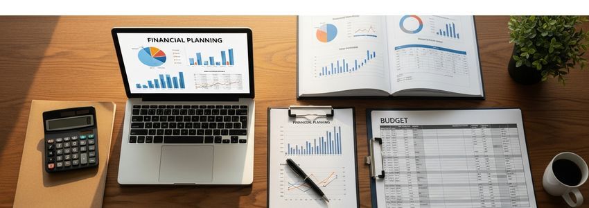 Business budgeting workspace with financial planning documents, budget spreadsheets, and charts on a professional office desk