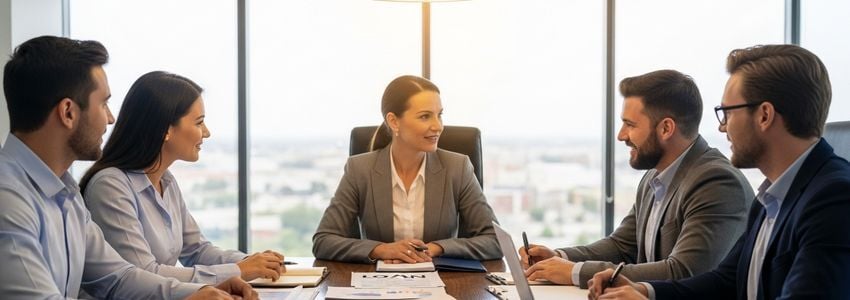 Small business owners reviewing loan documents with a financial advisor in a Buffalo New York office setting