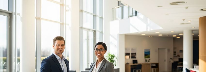 Two business professionals in a modern office reviewing business credit strategies and financing documents