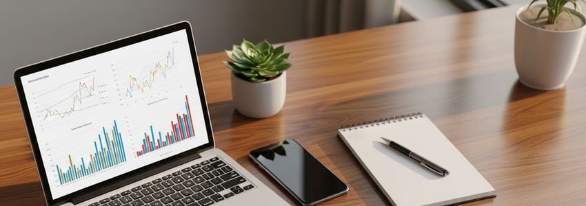 Business professional workspace with financial charts and documents for building business credit