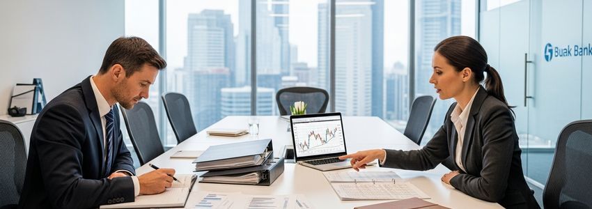 Business owner and banker reviewing annual business relationship