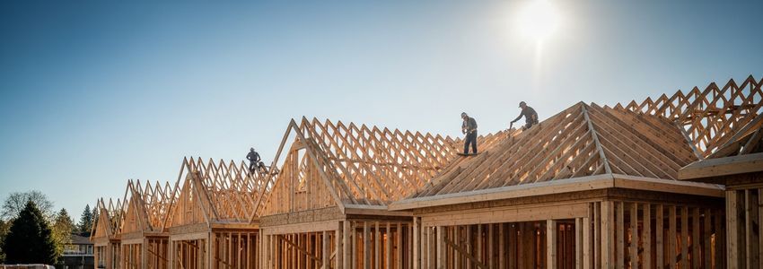 Active residential construction with wood framing and workers on site, illustrating builder loans in action