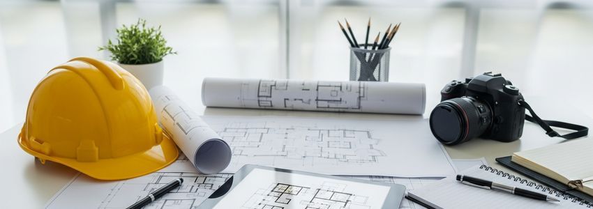 Building inspector reviewing financial documents at an office desk