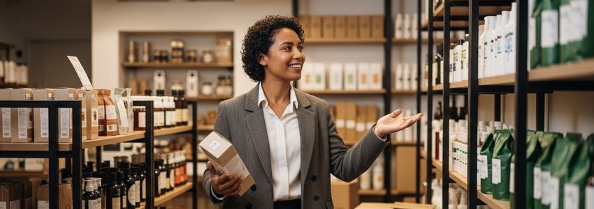 Business owner reviewing bulk inventory shelves for financing