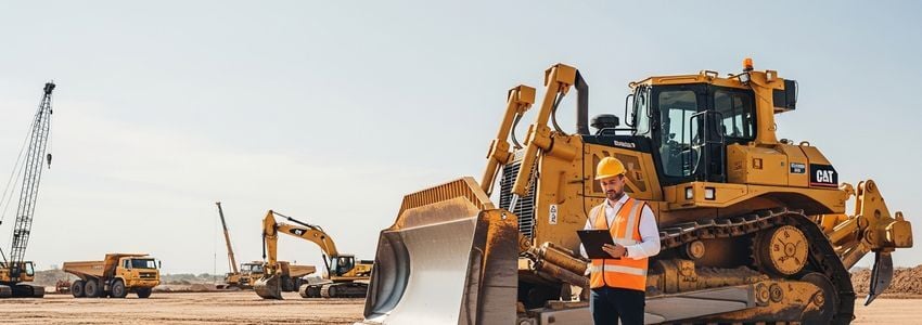 Construction project manager reviewing documents next to a bulldozer at a job site
