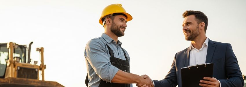 Construction contractor and finance advisor reviewing bulldozer leasing options on a job site