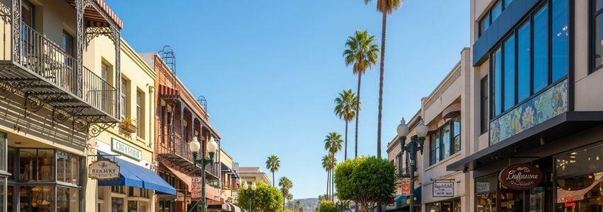 Small business street scene in Burbank, California with boutique shops, restaurants, and palm trees representing the local small business community