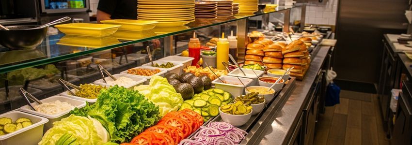 Burger restaurant kitchen equipment and prep station